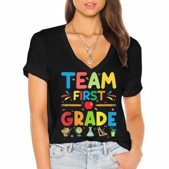 Team First Grade - 1St Grade Teacher Student Kids Women's Jersey Short Sleeve Deep V-Neck Tshirt - Seseable