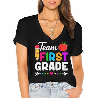 Team First Grade Kids Teacher Student Back To School Women's Jersey Short Sleeve Deep V-Neck Tshirt - Seseable