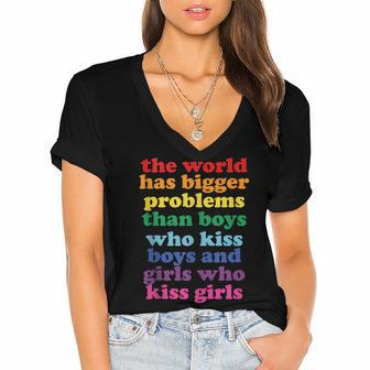 The World Has Bigger Problems Lgbt Community Gay Pride Women's Jersey Short Sleeve Deep V-Neck Tshirt | Mazezy