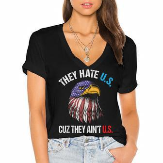 They Hate Us Cuz They Aint Us Bald Eagle Funny 4Th Of July Women's Jersey Short Sleeve Deep V-Neck Tshirt - Seseable