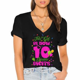 This Girl Is Now 10 Double Digits 10Th Birthday Gift Women's Jersey Short Sleeve Deep V-Neck Tshirt - Seseable