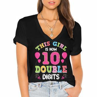 This Girl Is Now 10 Double Digits 10Th Birthday Women's Jersey Short Sleeve Deep V-Neck Tshirt - Seseable