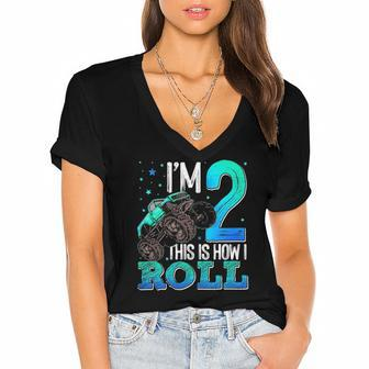 This Is How I Roll 2 Years Old Monster Truck 2Nd Birthday Women's Jersey Short Sleeve Deep V-Neck Tshirt | Mazezy