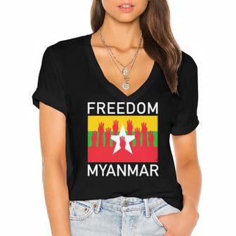 Three Finger Salute Myanmar Freedom Women's Jersey Short Sleeve Deep V-Neck Tshirt | Mazezy DE