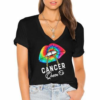 Tie Dye Cancer Queen Lips Zodiac July June Queens Womens Women's Jersey Short Sleeve Deep V-Neck Tshirt | Mazezy
