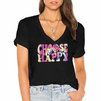 Tie Dye Inspirational Positive Quote Choose Happy Smile Face Women's Jersey Short Sleeve Deep V-Neck Tshirt | Mazezy