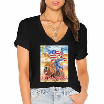Trump Ultra Maga The Great Maga King Trump Riding Bear Women's Jersey Short Sleeve Deep V-Neck Tshirt | Mazezy