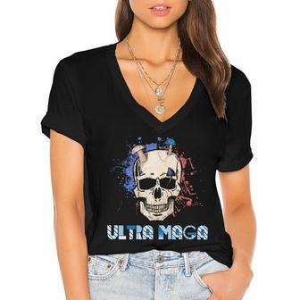 Ultra Maga Skull Make America Great Again Women's Jersey Short Sleeve Deep V-Neck Tshirt - Monsterry UK