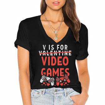 V Is For Video Games Funny Valentines Day Gamer Boy 583 Trending Shirt Women's Jersey Short Sleeve Deep V-Neck Tshirt | Favorety UK