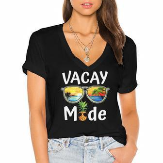 Vacay Mode Family Vacation Summer Sunglasses Beach Pineapple Women's Jersey Short Sleeve Deep V-Neck Tshirt | Mazezy