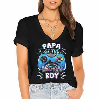 Video Game Birthday Party Papa Of The Birthday Boy Matching Women's Jersey Short Sleeve Deep V-Neck Tshirt | Mazezy