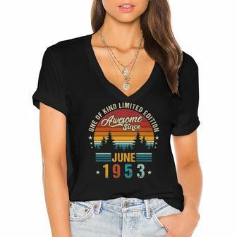 Vintage 69Th Birthday Awesome Since June 1953 Epic Legend Women's Jersey Short Sleeve Deep V-Neck Tshirt | Mazezy