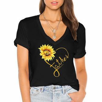 Vintage Father Sunflower Dad Daughter Apparel Women's Jersey Short Sleeve Deep V-Neck Tshirt | Mazezy