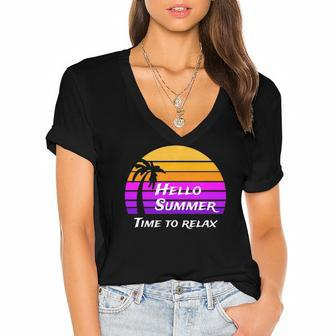 Vintage Hello Summer Its Time To Relax Women's Jersey Short Sleeve Deep V-Neck Tshirt | Mazezy