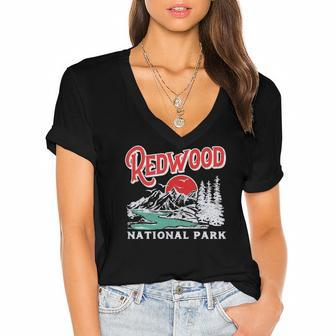 Vintage Redwood National Park Distressed 80S Mountains Women's Jersey Short Sleeve Deep V-Neck Tshirt | Mazezy
