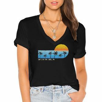 Vintage San Jose Del Cabo Mx Palm Trees & Sunset Beach Women's Jersey Short Sleeve Deep V-Neck Tshirt | Mazezy