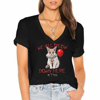 We All Meow Down Here Kitten Scary Halloween Cat For A Fan Women's Jersey Short Sleeve Deep V-Neck Tshirt | Mazezy