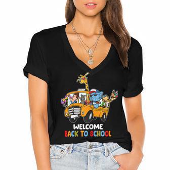 Welcome Back To School Zoo Animal Bus 477 Shirt Women's Jersey Short Sleeve Deep V-Neck Tshirt | Favorety