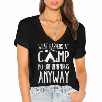 What Happens At Camp No One Remembers Anyway Camper Shirt Women's Jersey Short Sleeve Deep V-Neck Tshirt - Monsterry UK