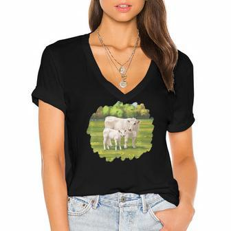 White Charolais Cow & Cute Calf Farm Animals Women's Jersey Short Sleeve Deep V-Neck Tshirt | Mazezy