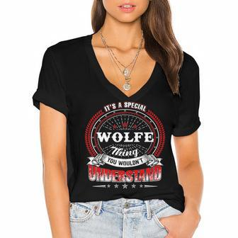 Wolfe Shirt Family Crest Wolfe T Shirt Wolfe Clothing Wolfe Tshirt Wolfe Tshirt Gifts For The Wolfe Women's Jersey Short Sleeve Deep V-Neck Tshirt - Seseable