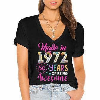 Womens 50 Year Of Being Awesome Made In 1972 Birthday Gifts Vintage Women's Jersey Short Sleeve Deep V-Neck Tshirt - Seseable