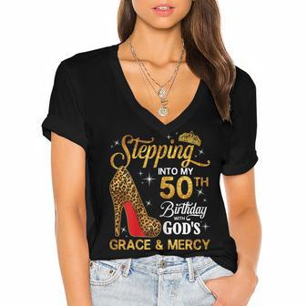Womens 50Th Birthday Leopard Shoes Stepping Into My 50Th Bday Women's Jersey Short Sleeve Deep V-Neck Tshirt - Seseable