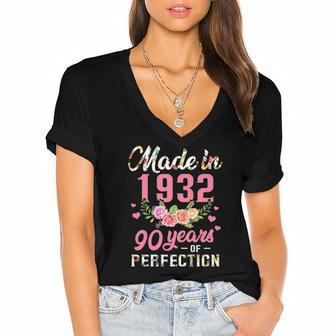 Womens 90Th Birthday Made In 1932 90 Years Of Perfection Women's Jersey Short Sleeve Deep V-Neck Tshirt | Mazezy