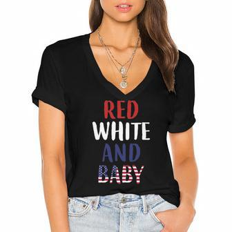 Womens American Flag Baby Red White Blue Pregnancy Mom Mommy Women's Jersey Short Sleeve Deep V-Neck Tshirt | Mazezy