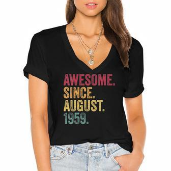 Womens Awesome Since August 1959 63Rd Birthday Gift Vintage Retro Women's Jersey Short Sleeve Deep V-Neck Tshirt | Mazezy
