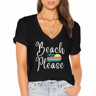 Womens Beach Please Palm Tree Vacation Women's Jersey Short Sleeve Deep V-Neck Tshirt | Mazezy