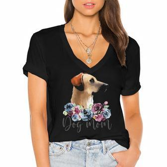 Womens Black Mouth Cur Dog Mom Floral  Women's Jersey Short Sleeve Deep V-Neck Tshirt
