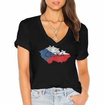 Womens Czech Map And Flag Souvenir - Distressed Czech Republic Women's Jersey Short Sleeve Deep V-Neck Tshirt | Mazezy