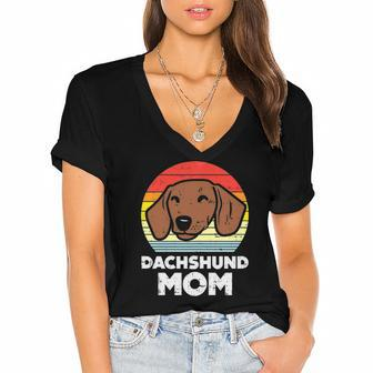 Womens Dachshund Mom Retro Weiner Sausage Dog Animal Pet Women Gift Women's Jersey Short Sleeve Deep V-Neck Tshirt | Mazezy