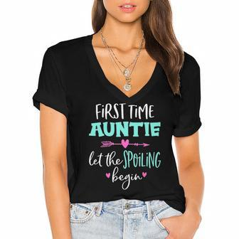 Womens First Time Auntie Let The Spoiling Begin Blessed Auntie Women's Jersey Short Sleeve Deep V-Neck Tshirt | Mazezy