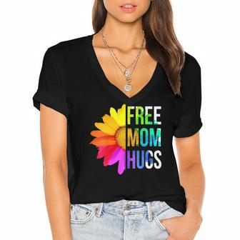 Womens Free Mom Hugs Gay Pride Lgbt Daisy Rainbow Flower Hippie Women's Jersey Short Sleeve Deep V-Neck Tshirt | Mazezy