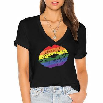 Womens Gay Kiss Rainbow Pride Flag Sexy Lips Proud Lgbt Q Ally Women's Jersey Short Sleeve Deep V-Neck Tshirt | Mazezy
