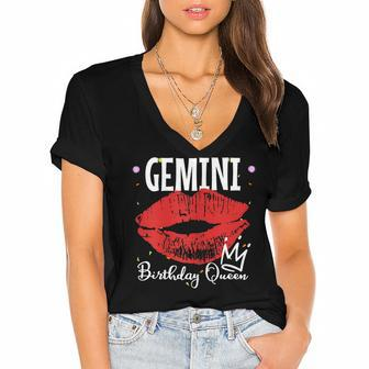Womens Gemini Birthday Queen Women's Jersey Short Sleeve Deep V-Neck Tshirt | Mazezy