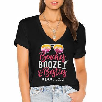 Womens Girls Weekend Girls Trip Miami 2022 Beaches Booze & Besties Women's Jersey Short Sleeve Deep V-Neck Tshirt | Mazezy