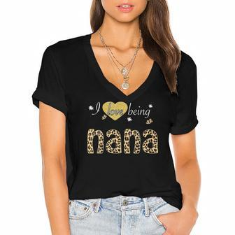 Womens I Love Being Nana Leopard Plaid Tee Gift Women's Jersey Short Sleeve Deep V-Neck Tshirt | Mazezy
