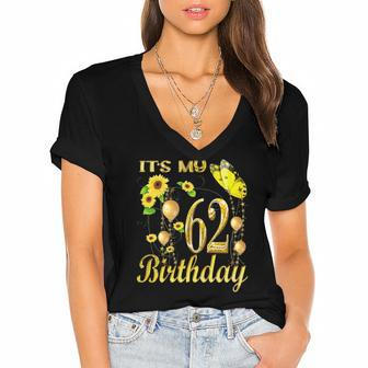 Womens Its My 62Nd Birthday 62 Years Old Girl Sunflower Butterfly Women's Jersey Short Sleeve Deep V-Neck Tshirt | Mazezy