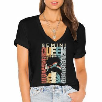 Womens June Birthday Gemini Queen Im Black Queen Afro Mom Bun Women's Jersey Short Sleeve Deep V-Neck Tshirt - Seseable