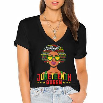 Womens Juneteenth Women Natural Afro Queen Women's Jersey Short Sleeve Deep V-Neck Tshirt | Mazezy