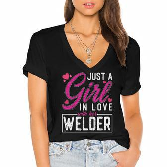 Womens Just A Girl In Love With Her Welder - Cute Welders Wife Women's Jersey Short Sleeve Deep V-Neck Tshirt | Mazezy