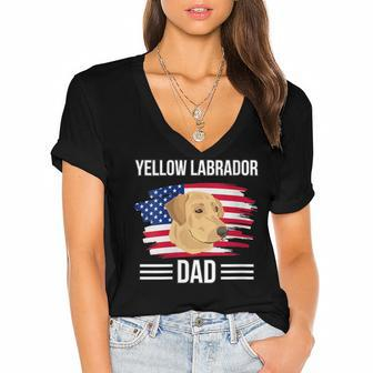 Womens Lab Us Flag 4Th Of July Fathers Day Yellow Labrador Dad Women's Jersey Short Sleeve Deep V-Neck Tshirt - Seseable