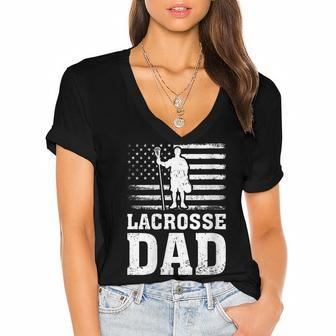 Womens Lacrosse Sports Lover American Flag Lacrosse Dad 4Th Of July Women's Jersey Short Sleeve Deep V-Neck Tshirt - Seseable