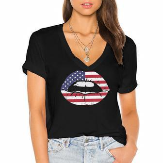 Womens Lips Kiss American Flag Usa 4Th Of July Fourth Women Girls Women's Jersey Short Sleeve Deep V-Neck Tshirt | Mazezy