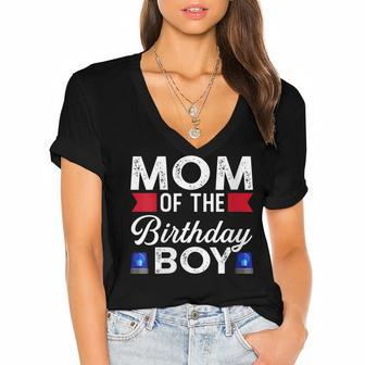 Womens Mom Of The Birthday Boy Birthday Boy Women's Jersey Short Sleeve Deep V-Neck Tshirt - Seseable