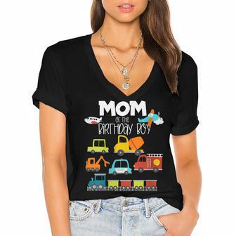 Womens Mom Of The Birthday Boy Family Matching Train Car Fire Truck Women's Jersey Short Sleeve Deep V-Neck Tshirt - Seseable