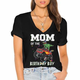 Womens Mom Of The Birthday Boy Your Funny Monster Truck Birthday Women's Jersey Short Sleeve Deep V-Neck Tshirt - Seseable